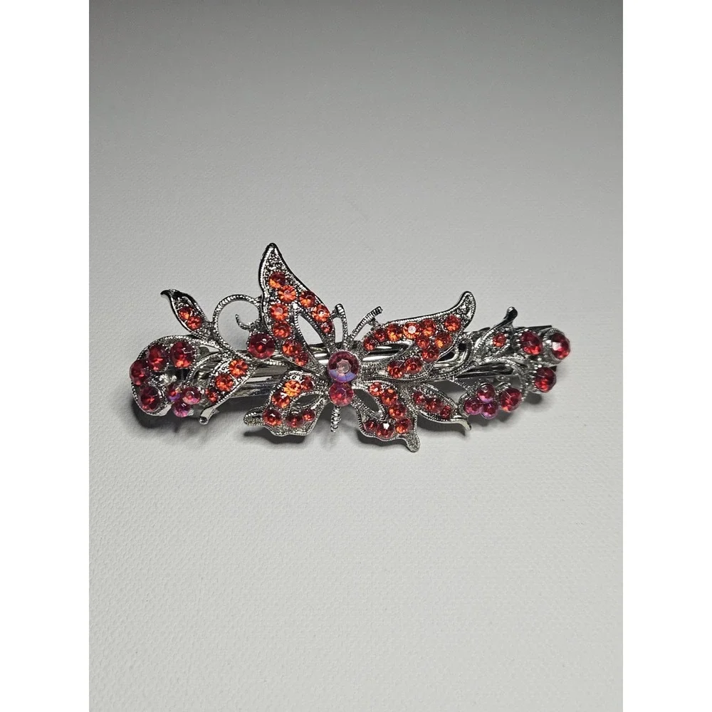 Red Rhinestone Butterfly Hair Barrette Crystal Sparkly Silver Flower Clip Women
